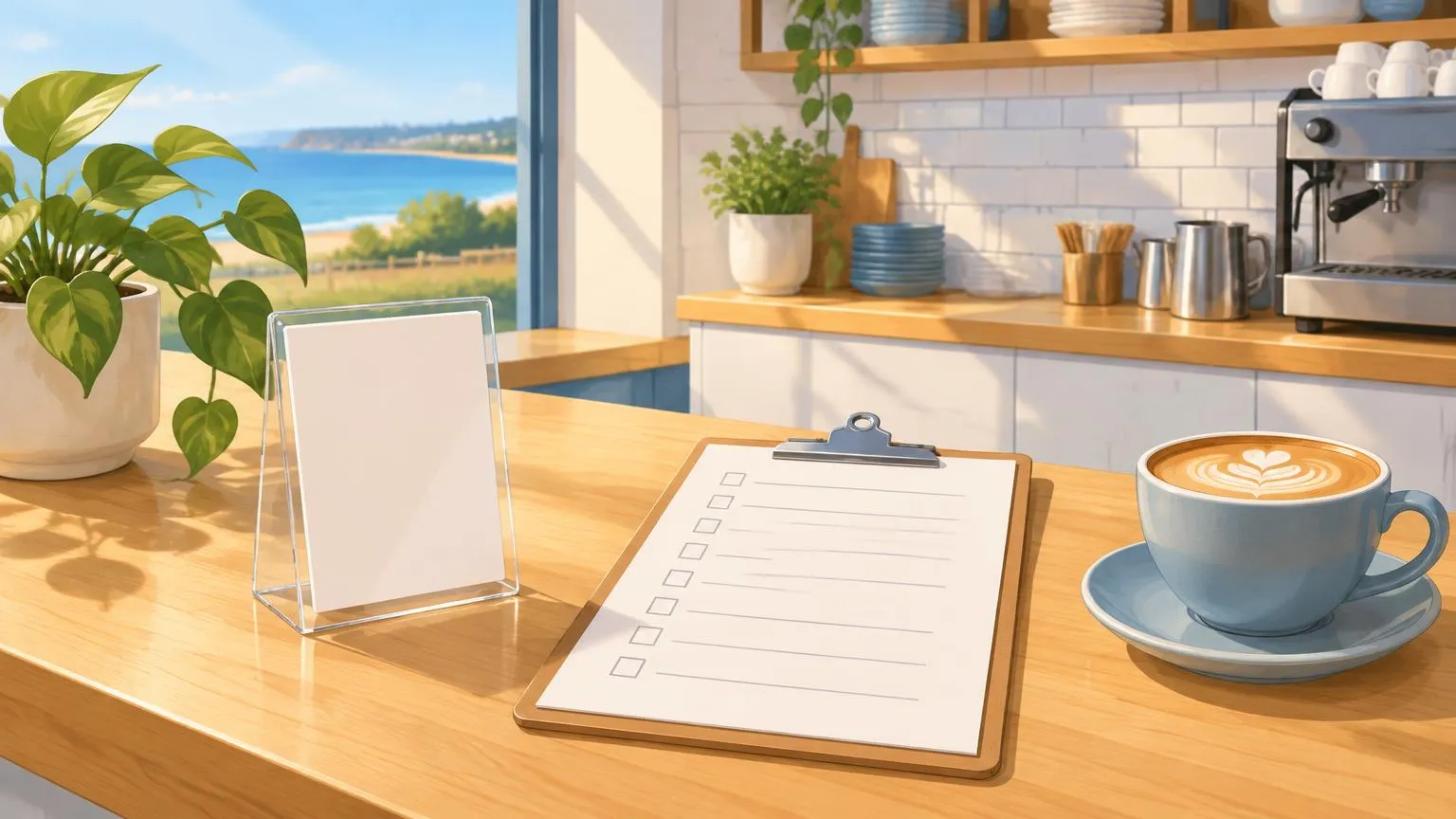 An Australian cafe counter with a review stand beside a printed checklist of review rules