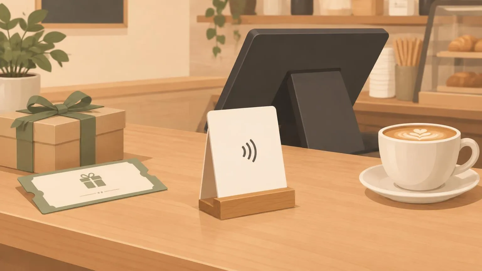 A cafe counter with a discount voucher pushed to one side and a review card stand placed in front of the till, showing a business choosing a plain review request over an incentive