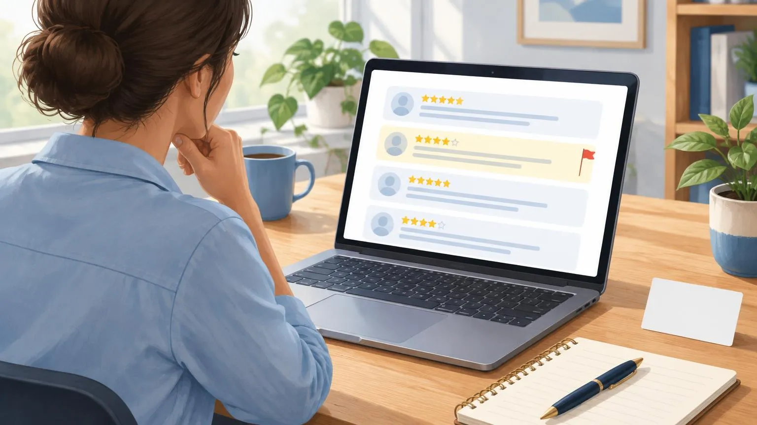 A business owner at a desk reviewing customer feedback on a laptop, with a notepad and a review card on the counter