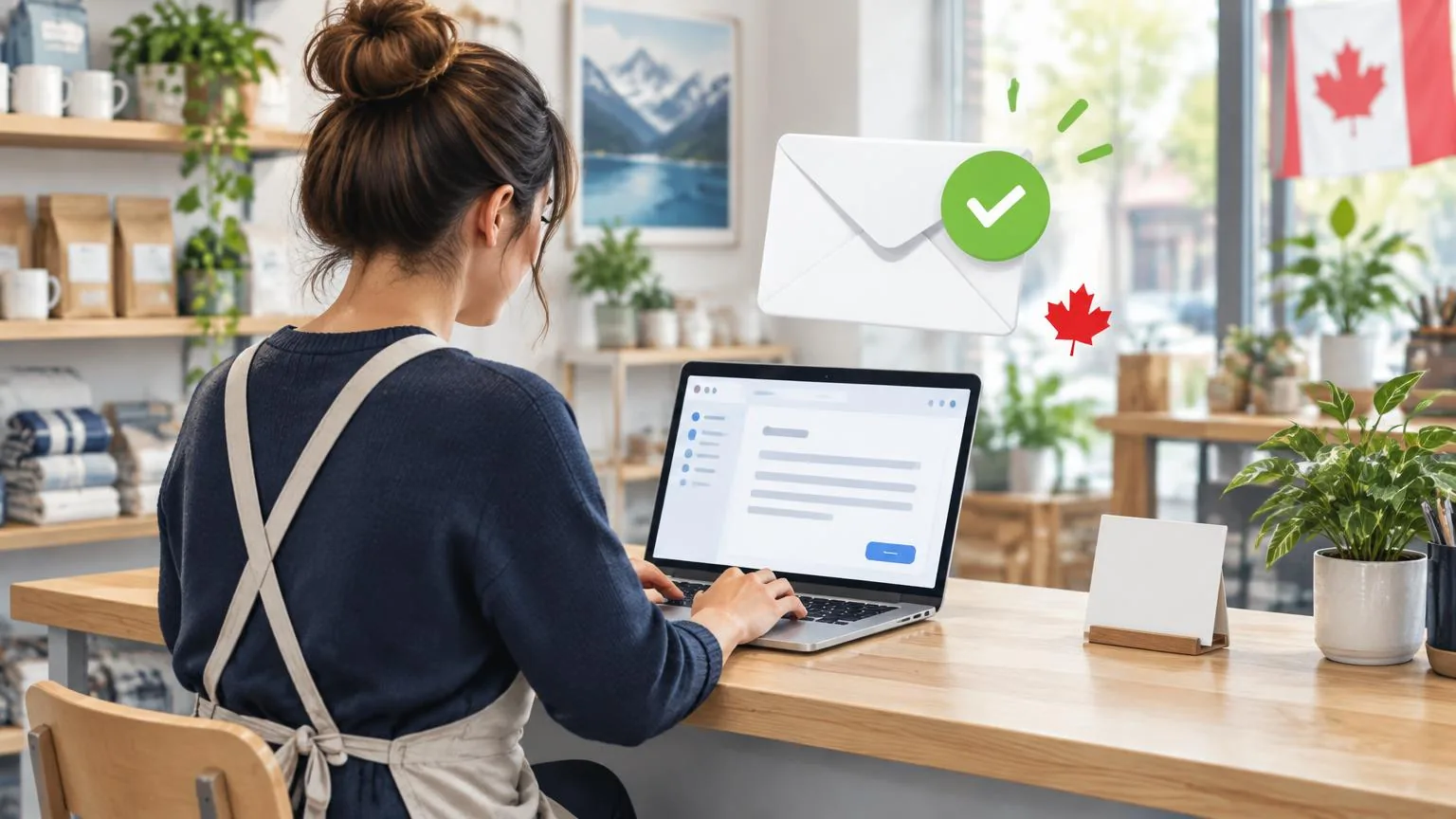 A Canadian shop owner at a laptop composing a short customer email, with an envelope icon, a maple leaf and a review card stand on the counter