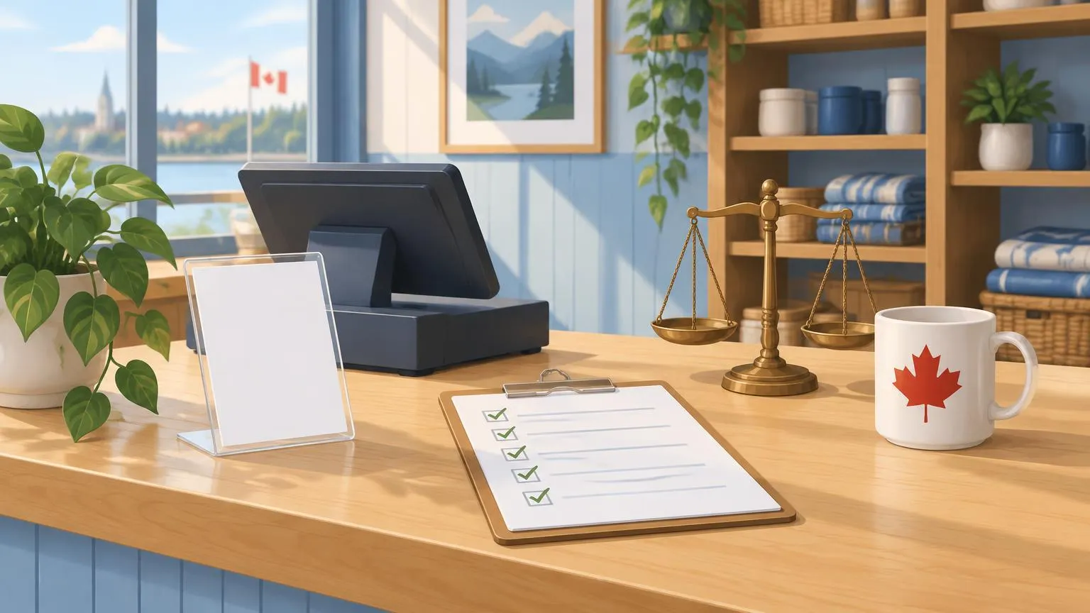 A Canadian small-business counter with a review card stand beside a printed compliance checklist and a set of balance scales