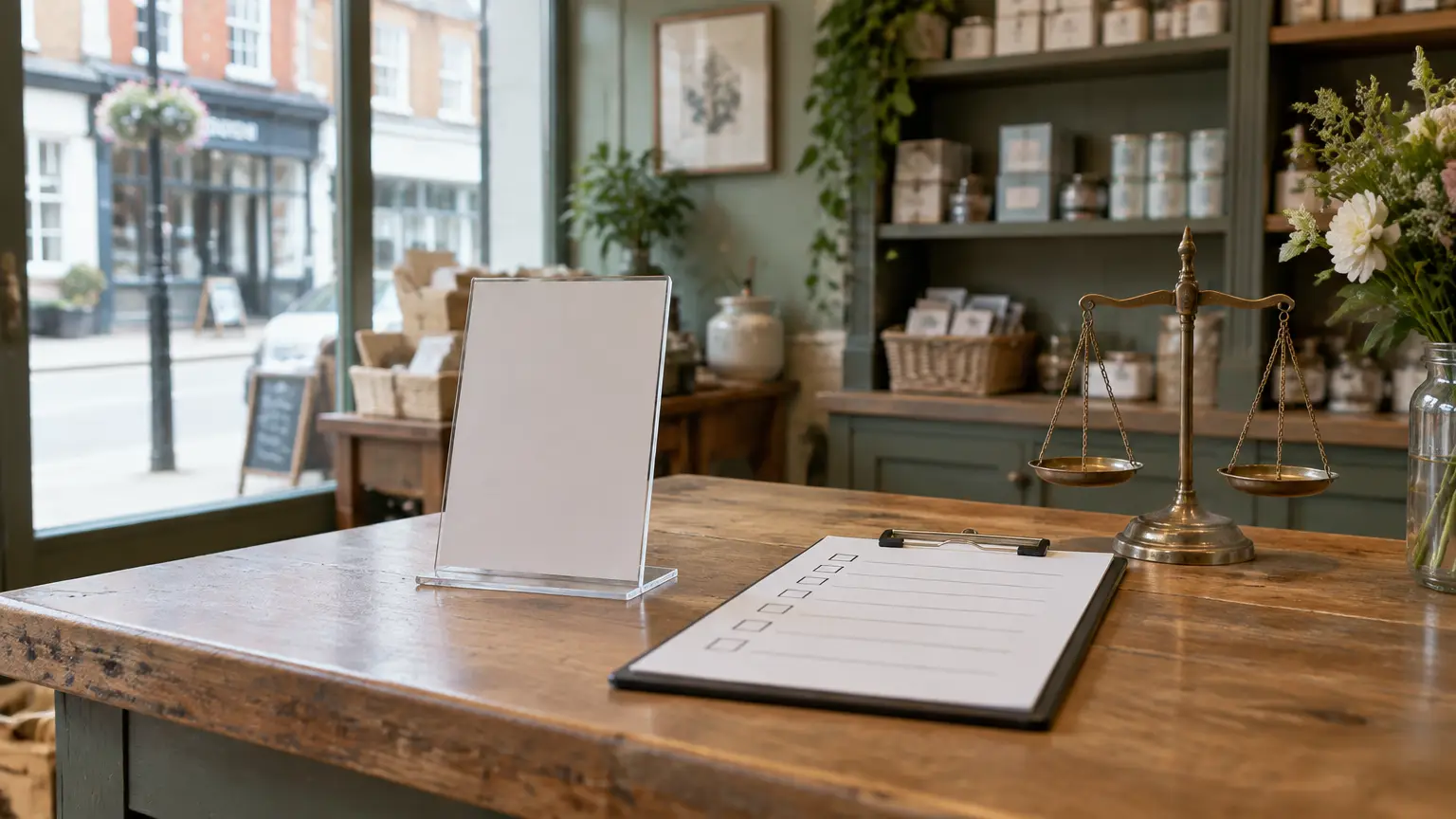 A UK shop counter with a review stand beside a checklist of review rules