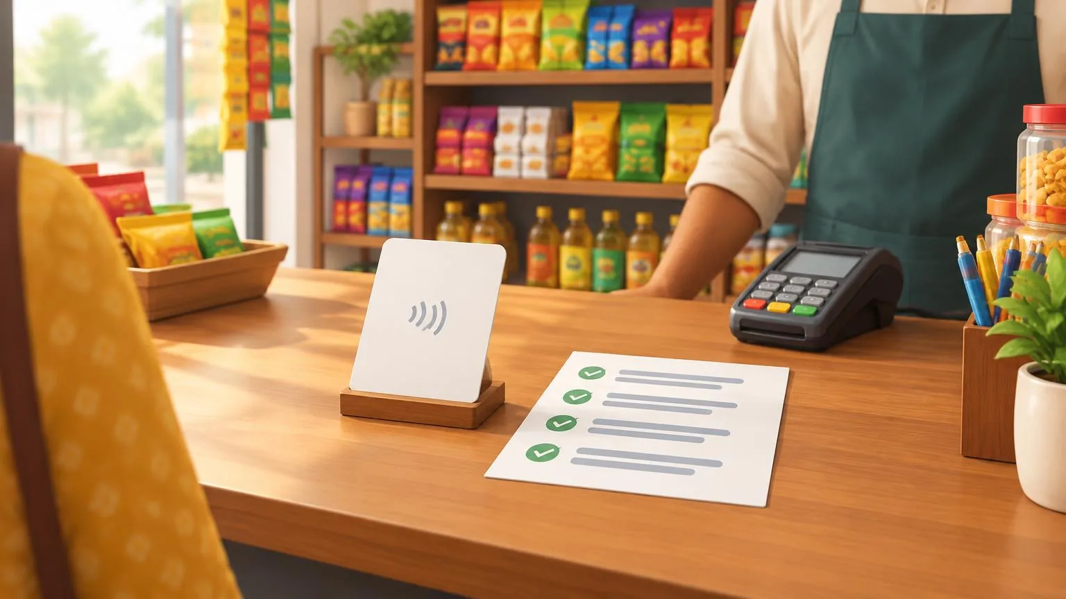 An Indian shop counter with a tap-to-review card beside a printed checklist of review rules
