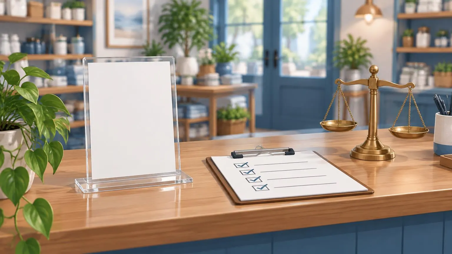 A small US storefront counter with a review stand next to a printed rules checklist