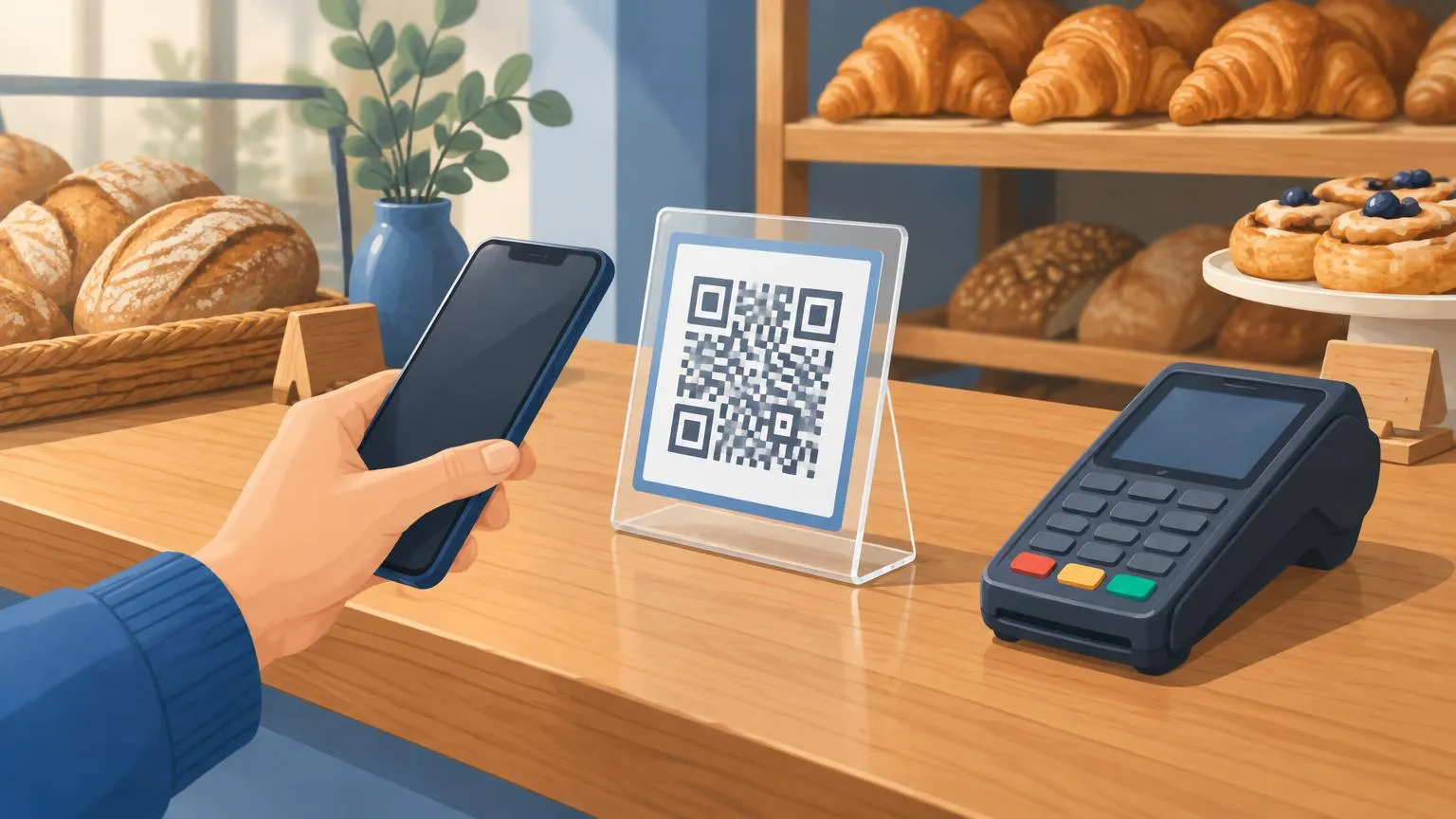 Acryl-Aufsteller mit QR-Code neben einem Kartenterminal auf einer Bäckereitheke, ein Kunde hält sein Smartphone daran
