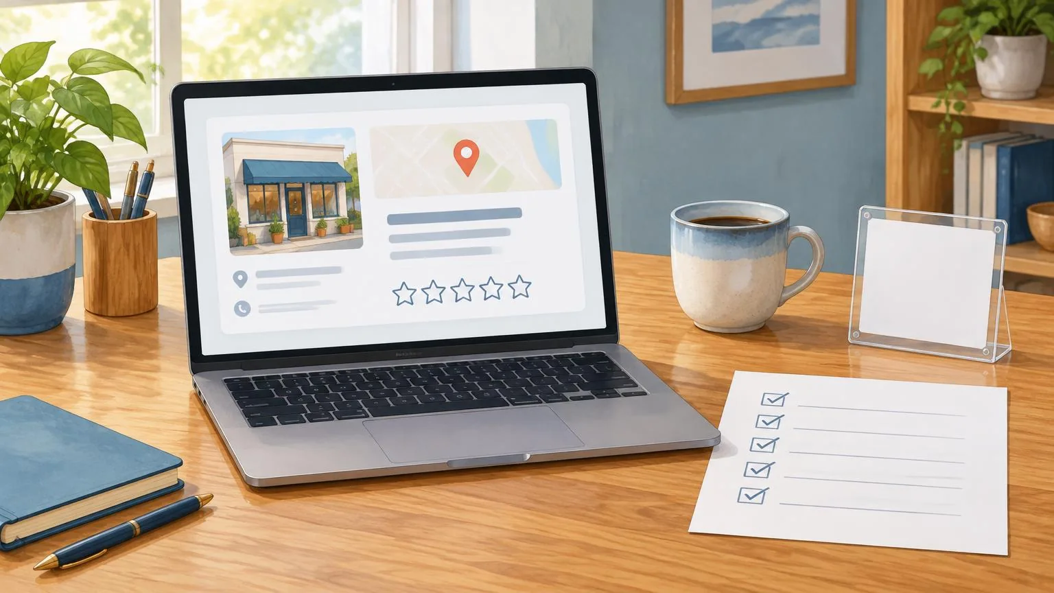 A laptop showing a local business listing with a map pin, next to a printed checklist, a coffee cup and a small review plaque on a desk