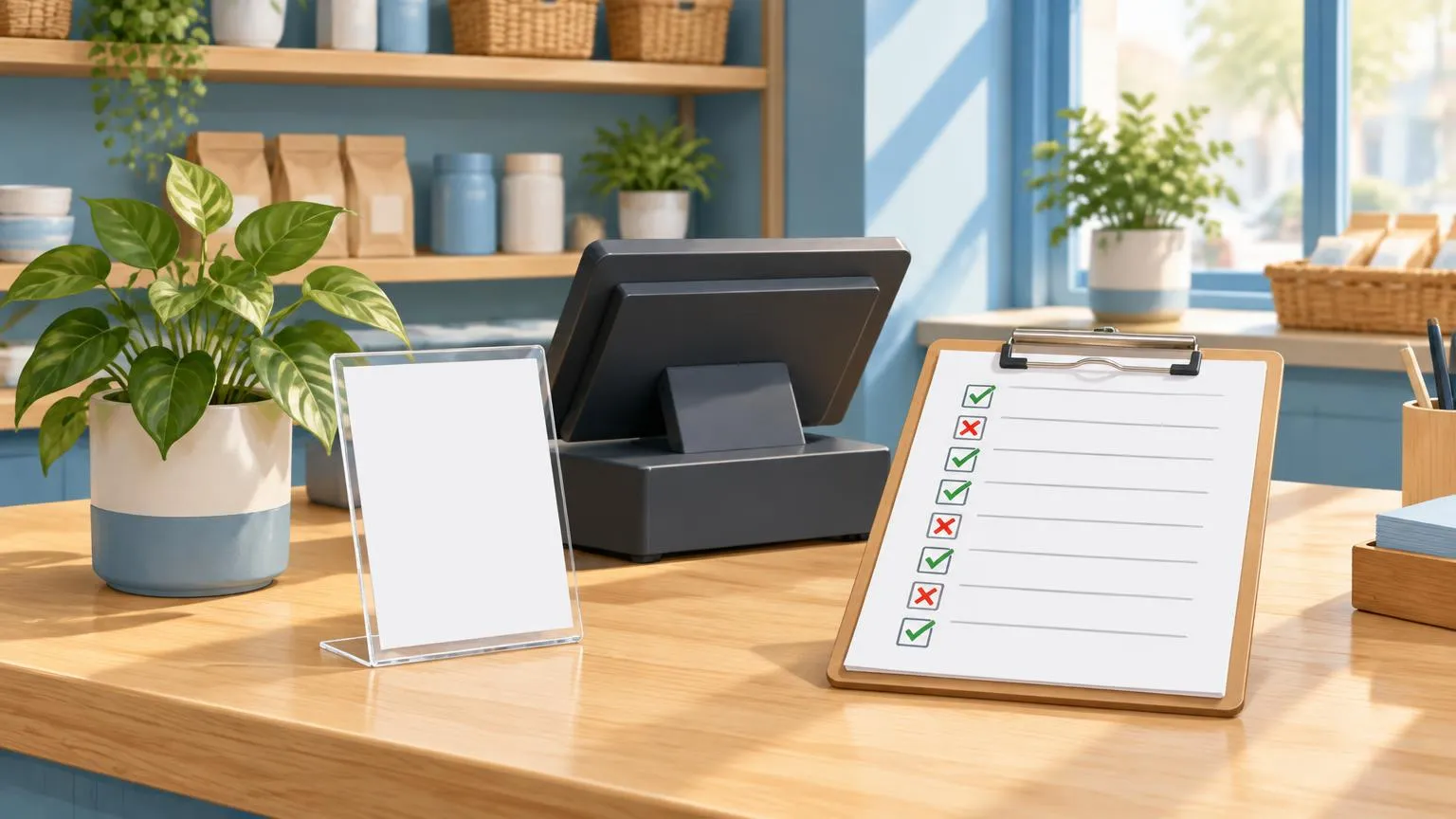 A small shop counter with a review card stand beside the till and a printed checklist on a clipboard, showing a business checking the rules for collecting Google reviews