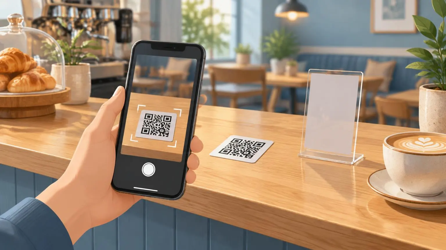A phone camera scanning a printed QR code sticker on a cafe counter beside a small card stand