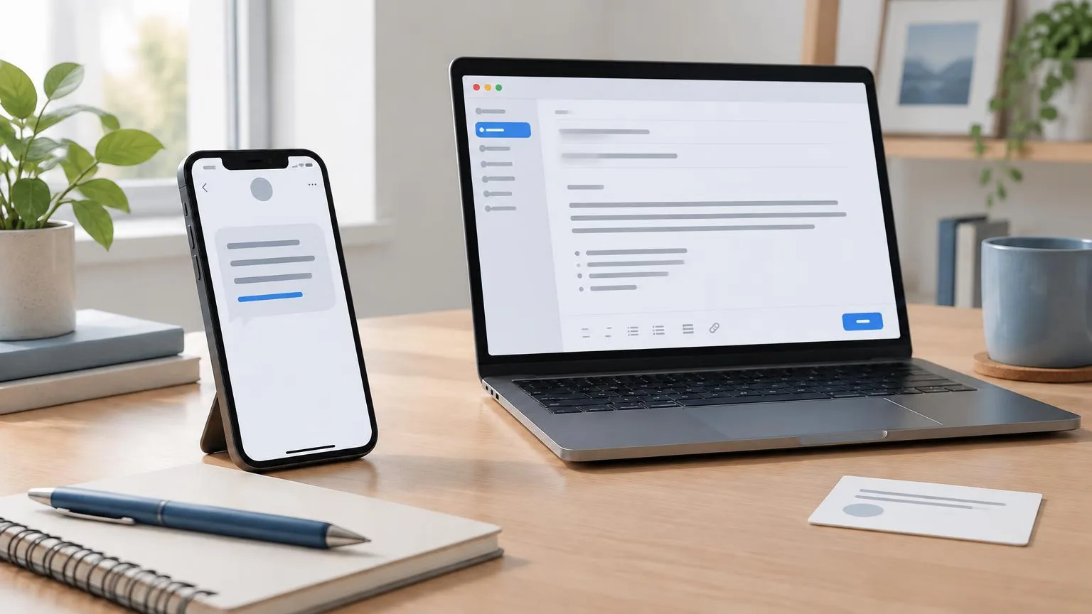 A phone showing a short thank-you text message with a review link, next to a laptop email draft and a review card on a desk