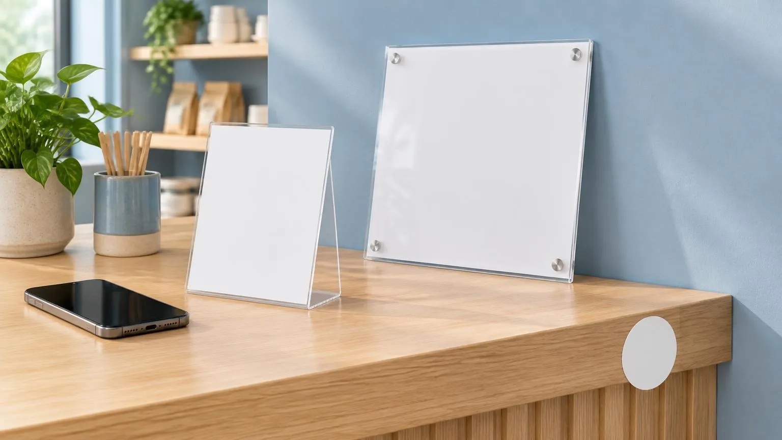 A counter stand, a wall plaque and a round sticker with NFC and QR review prompts shown side by side on a shop counter