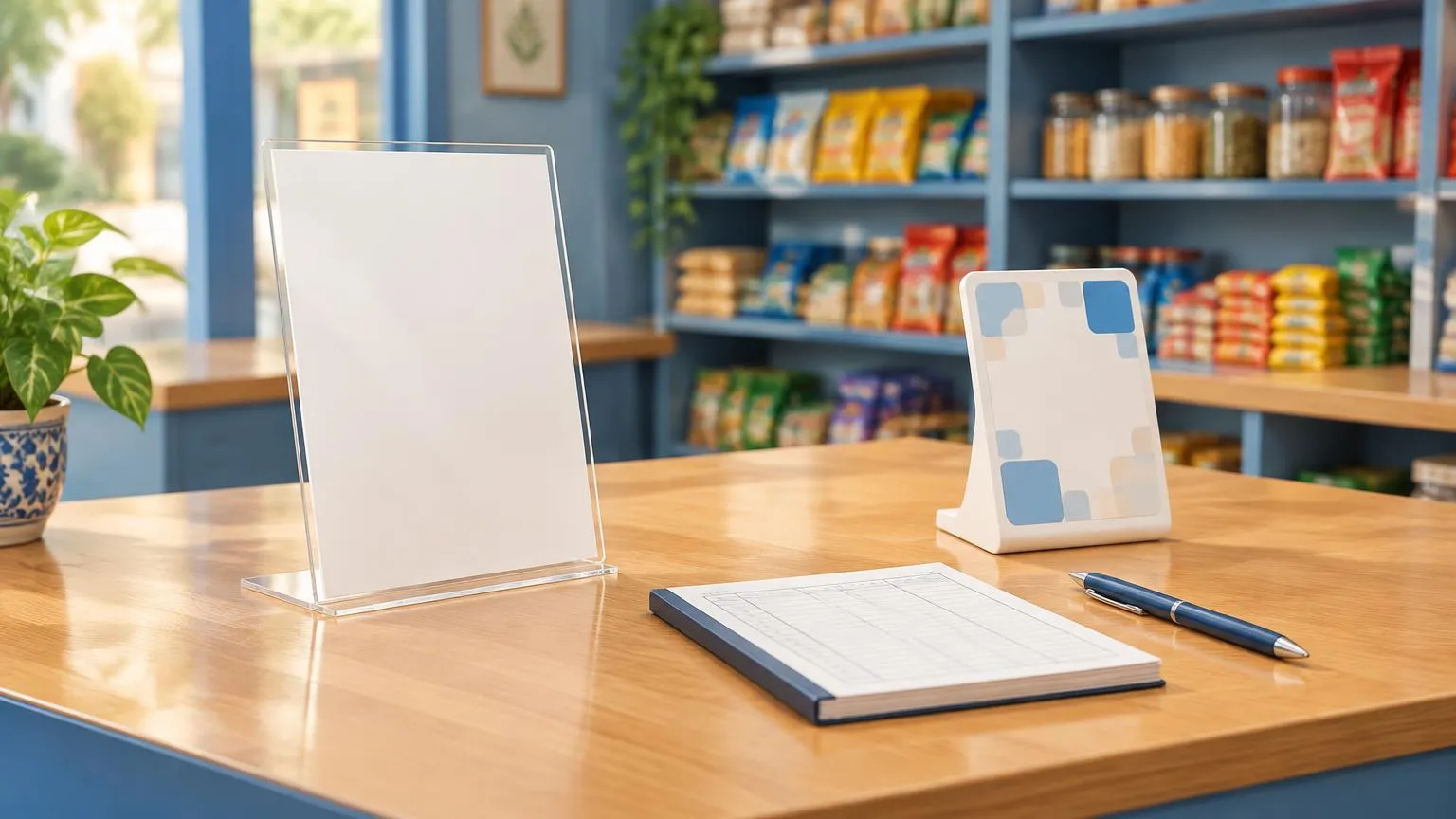 A small acrylic review standee on a shop billing counter beside a separate payment QR stand and a bill book
