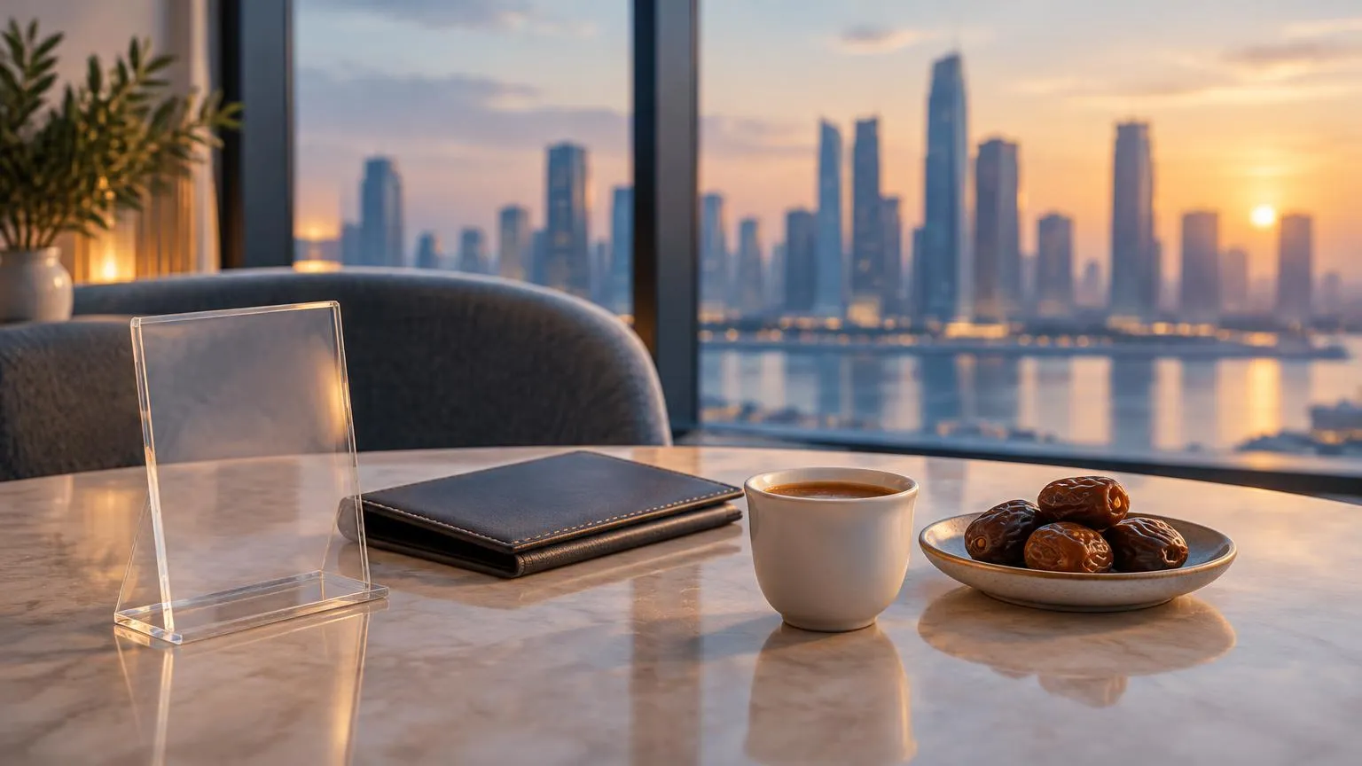 A restaurant table in the early evening with a small blank tabletop review stand beside a folded bill holder and a cup of Arabic coffee