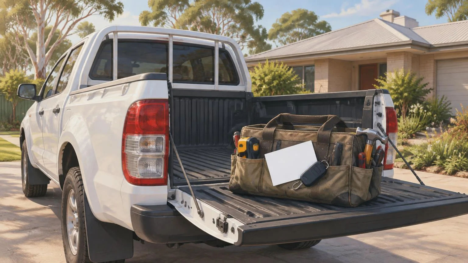 A tradie's ute parked outside an Australian home with a small review keychain clipped to a tool bag