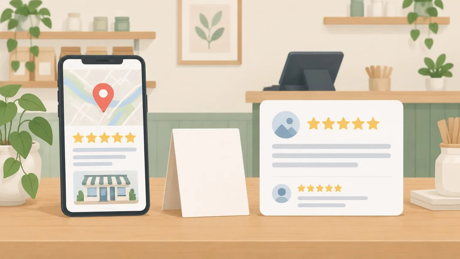 A small business counter with a phone showing a map listing and star ratings beside a printed review card