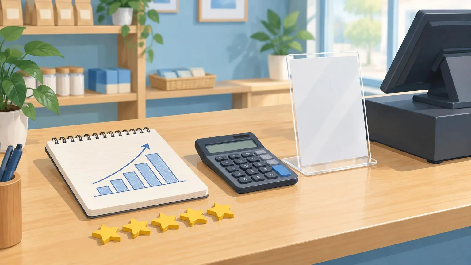 A notepad with a hand-drawn rising bar chart and a row of star shapes beside a calculator and a review stand on a shop counter
