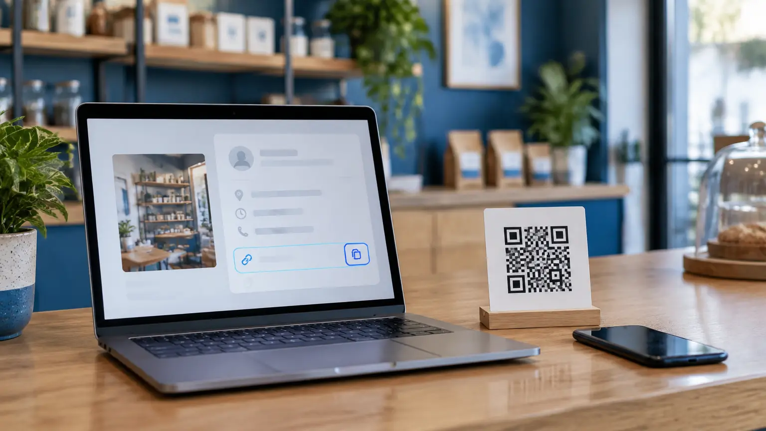 A phone showing a Google review form next to a printed QR code and an NFC review card on a shop counter