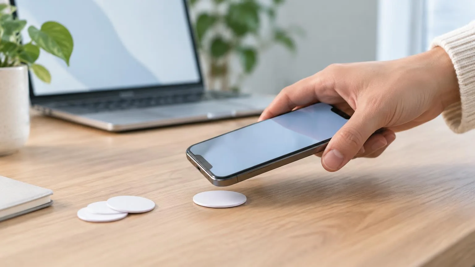 A phone held over a blank round NFC tag on a workbench, with a laptop showing a review form in the background