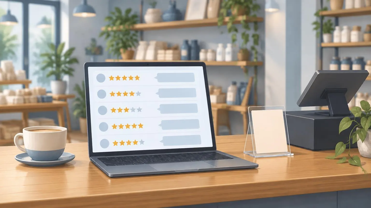 A small business owner at a counter replying to customer reviews on a laptop, with a review card stand beside the till