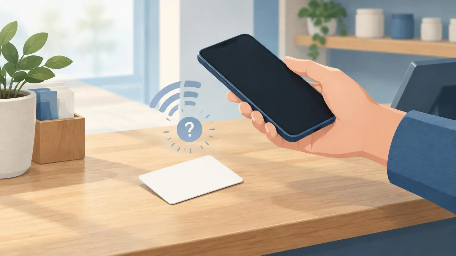 A smartphone held at an angle over a small review card on a shop counter, with a question-mark style signal icon between them