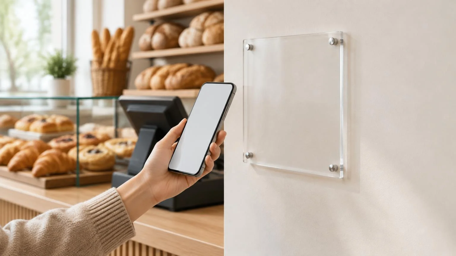 Plaque d'avis en acrylique fixée au mur d'une boulangerie française, un client approchant son téléphone