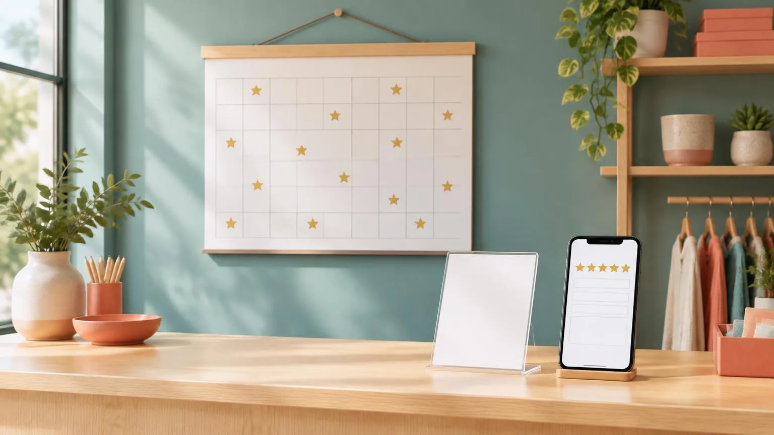 A calendar with a new Google review marked every few days next to a counter stand and a phone showing a review form