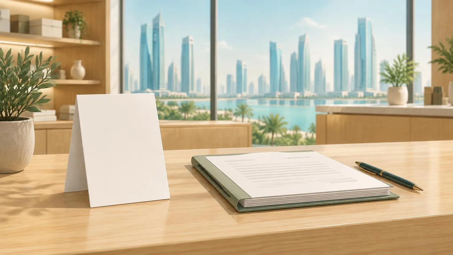 A UAE shop counter with a small review stand beside a neatly stacked set of legal documents, with a city skyline softly visible through the window