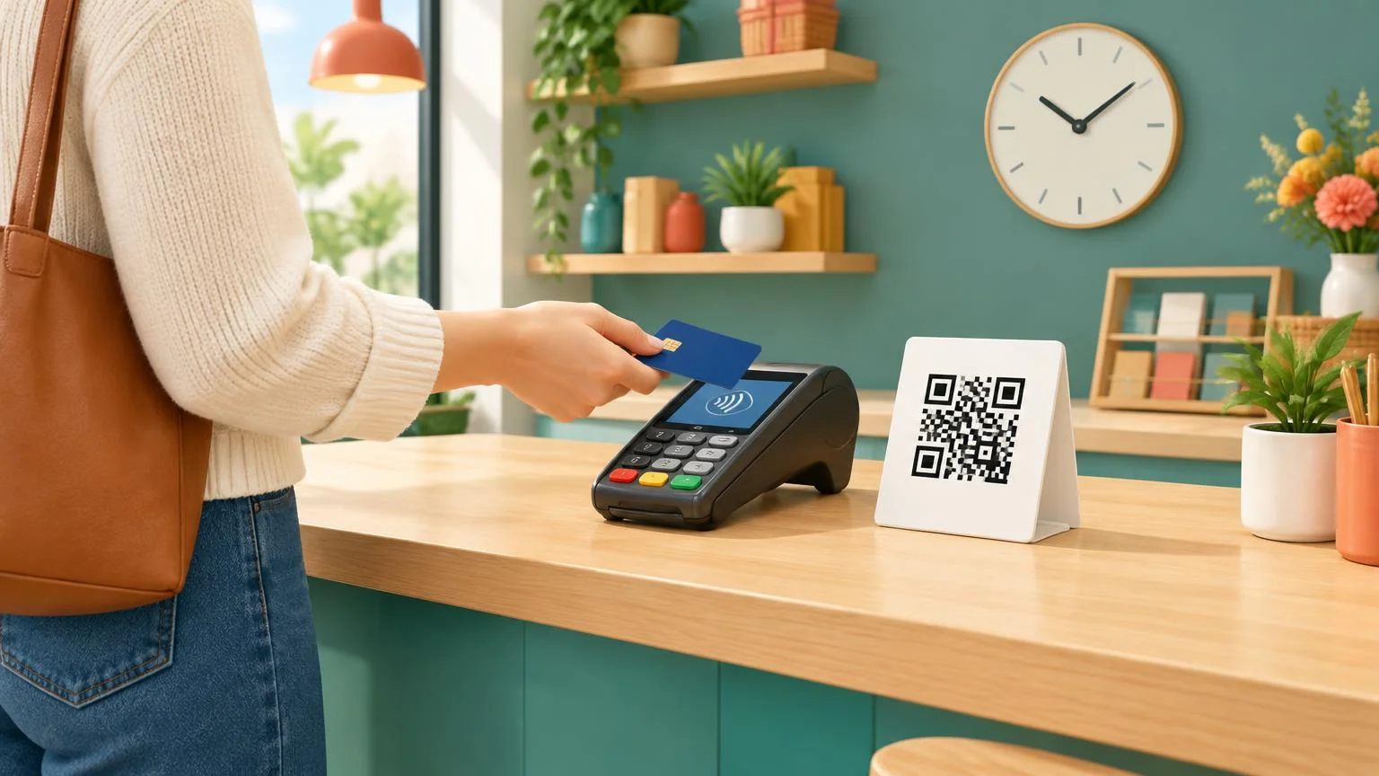 A customer paying at a counter while a small review stand with a QR code sits beside the card terminal