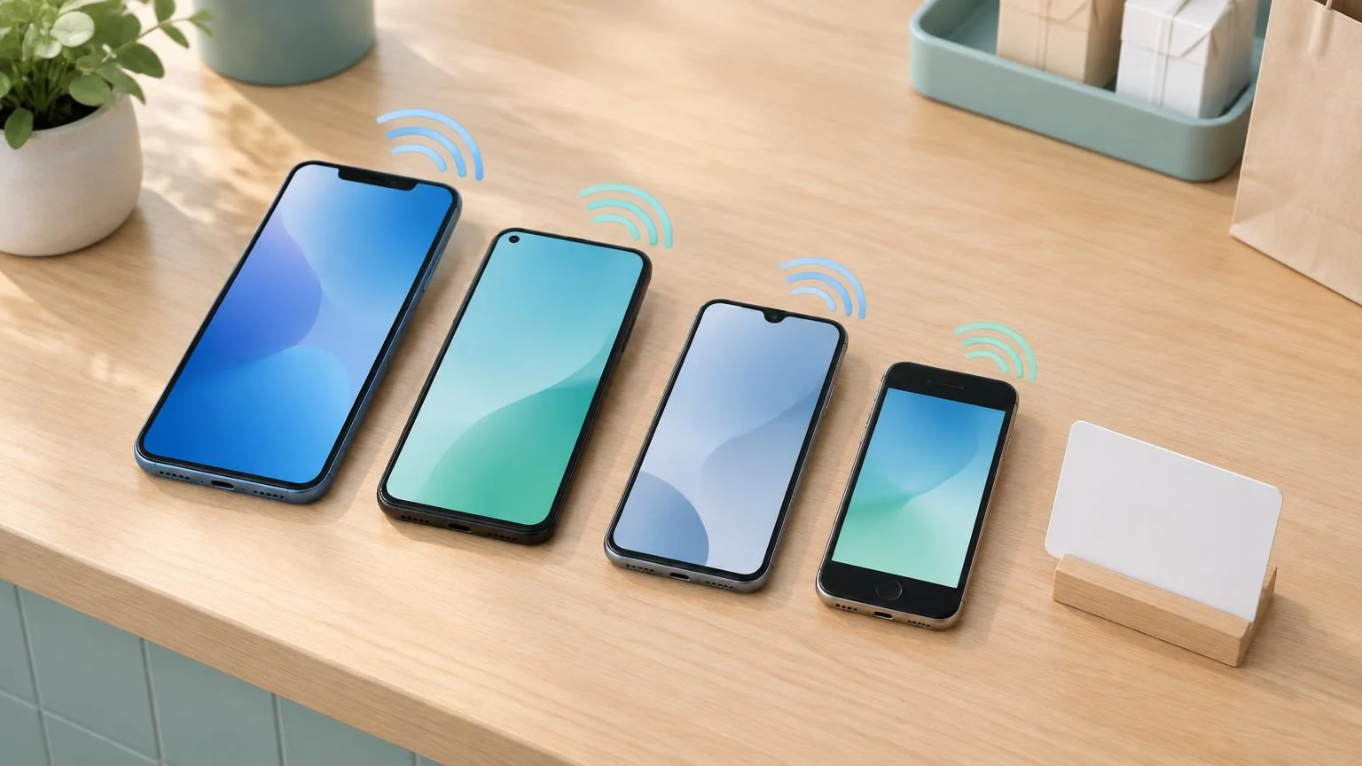 Several smartphones of different sizes laid out on a counter next to a small blank review card, with soft tap-signal arcs near the top of each phone