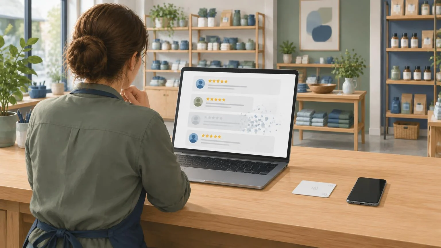 A shop owner looking at a laptop showing a business listing with a review card fading out of the list